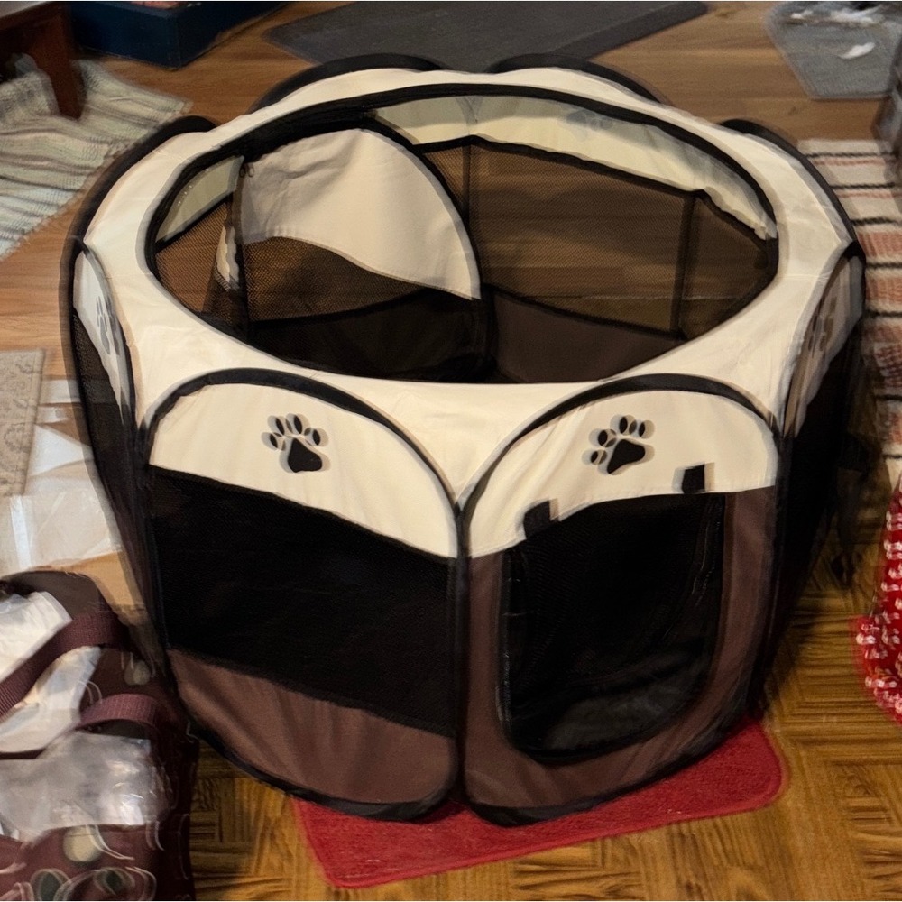 Portable Pop Up Pet Playpen Octagon Mesh Exercise Pen Brown Tan 27x18.5 Inch